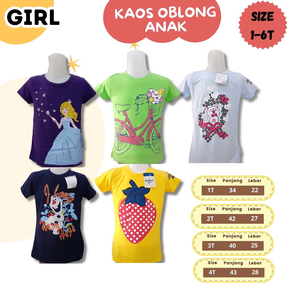 Kaos OBLONG Pendek Anak Cewek Size 1 - 6 T adem pendek cewek perempuan girl katun motif lucu branded