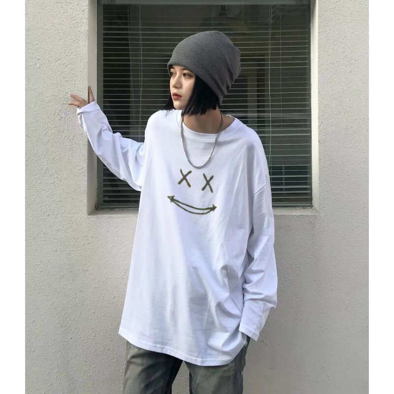 Wajah Tersenyum Print Kaos Wanita Lengan Panjang Oversize Top