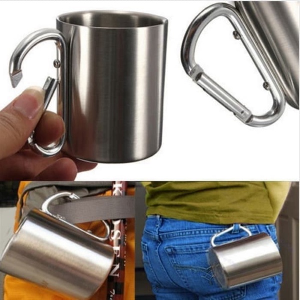 

Unik Cangkir gelas camping Stainless Steel besar 220ml dengan carabiner Limited