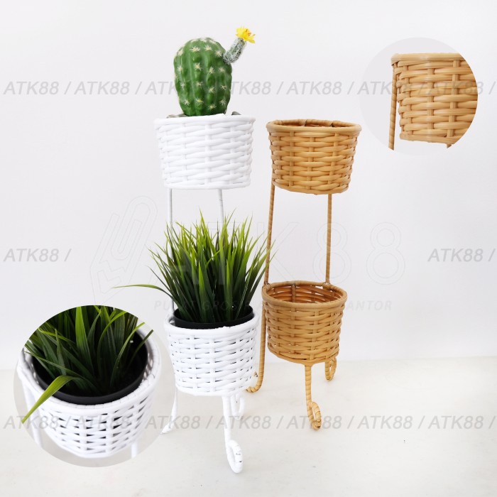 Vas Rak Besi Pot Bunga Anyam 2 Susun Vas Bunga Standing Besi