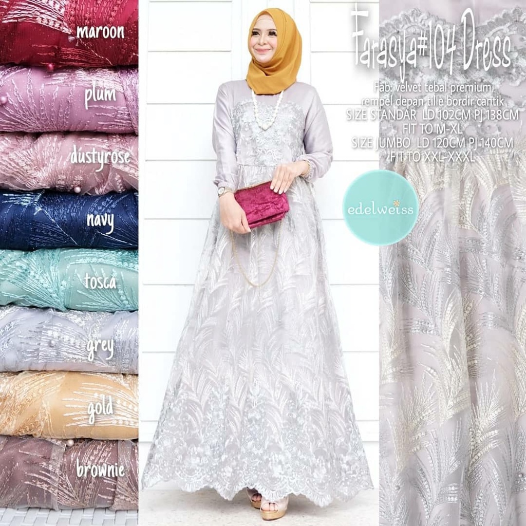 Dress Remaja Muslimah Farasya #104 Gamis Kondangan Jumbo Wanita xxxl Ld 130cm Bahan Velvet Tebal Premium Dress Brukat Tile Mutiara Gaun Pesta Resepsi Pernikahan Outfit Bridesmaid Gamis Lebaran Anak Perempuan Terbaru