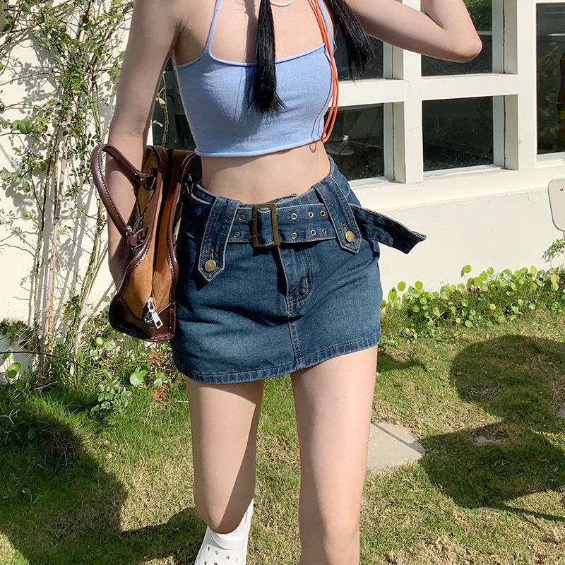 Red Rok Denim Wanita 2023 Musim Panas Baru Retro All-Match Pinggang Tinggi Gadis Rok Mini Tas Hip Rok Rok Celana rok