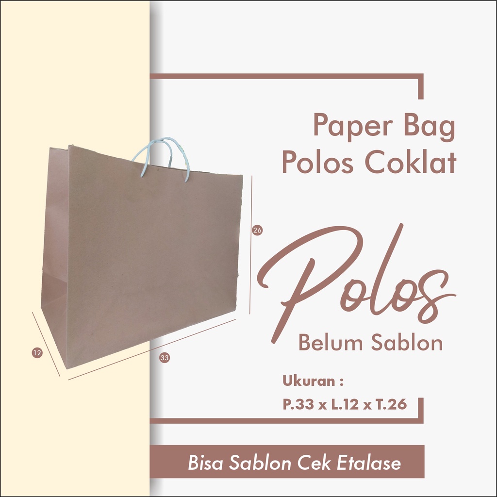 

PAPERBAG . tas kertas . tas Coklat .Ukuran 33x15x26 cm . (Lanscape) . POLOS.