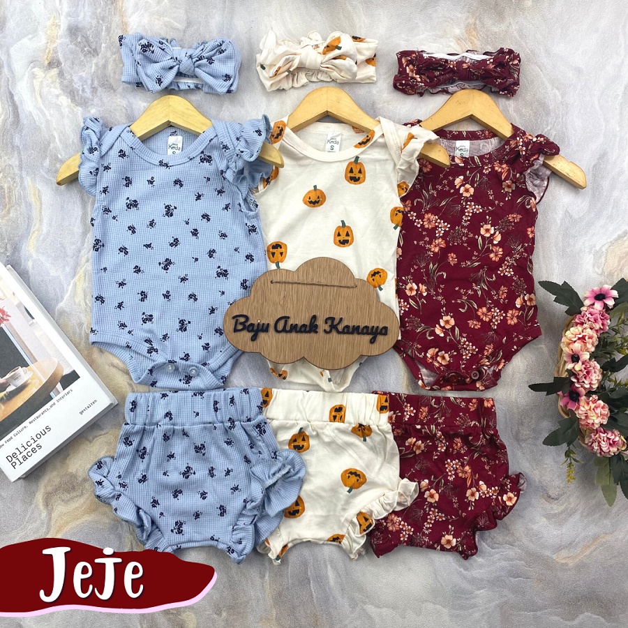 3-15 BLN SETELAN BAYI JEJE ROMPER BAYI INCLUDE HEADBAND by LITTLE KODA (3 IN 1 SET) (SNI) VERSI 2