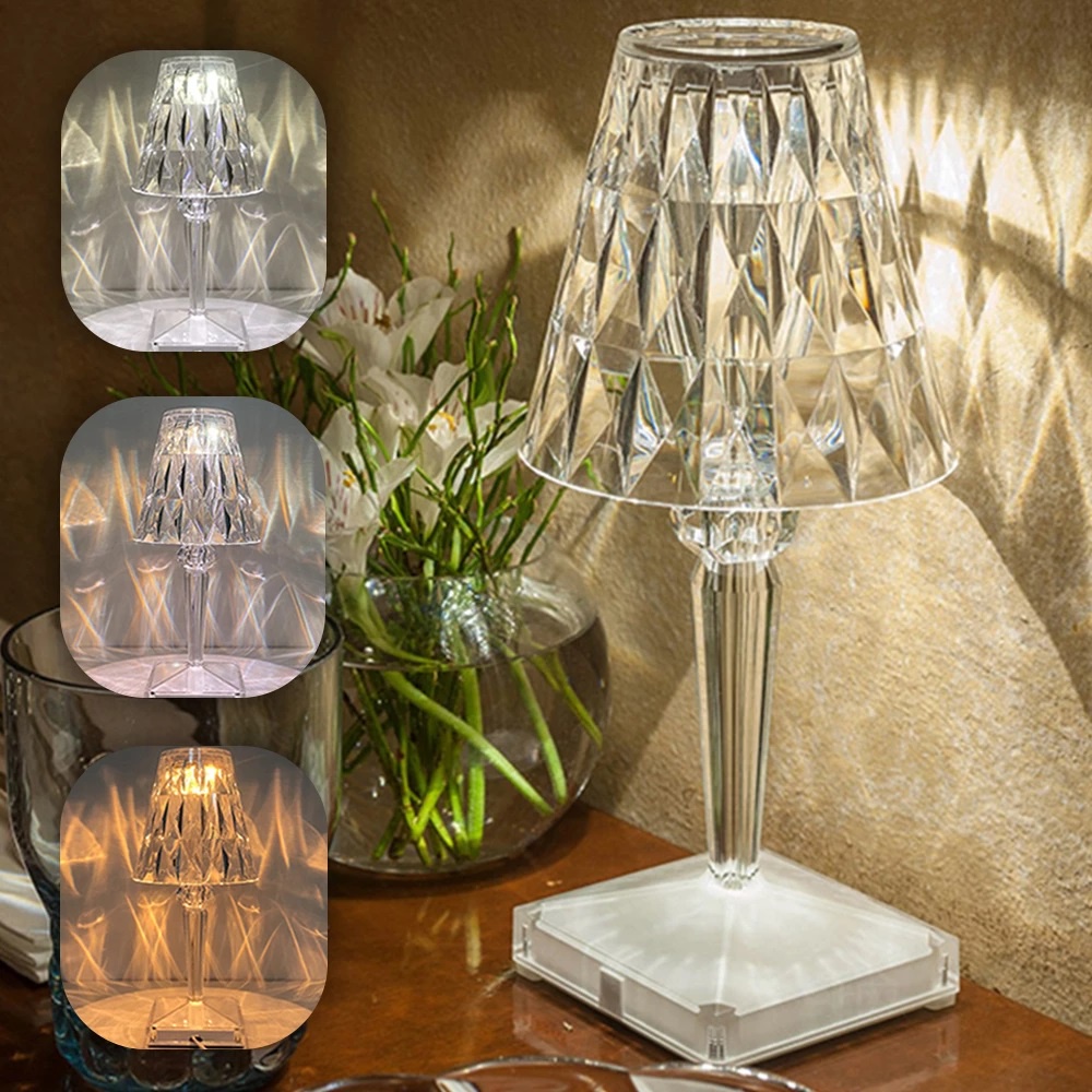 COD !!  Crystal Table Lamp Acrylic Tricolor Diamond Lampu Bedside Night Light Wireless USB Rechargeable Adjustable Lampu Tidur Minimalis