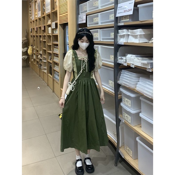 Red Versi Korea Musim Panas Lengan Puff Kayu Sisi Telinga Warna Kontras Gaun Wanita + Pelangsing Pinggang All-Match Pengurangan Usia palsu Rok Dua Potong