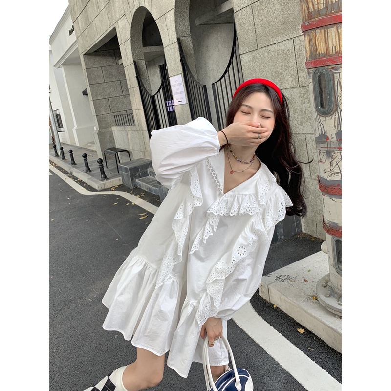 Red rok boneka putih kumikumi rasa desain perempuan renda berongga longgar kasual rok musim gugur Perancis gaun