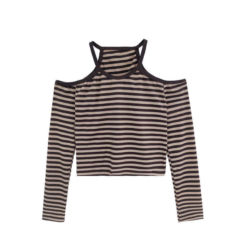 Red Bergaris off-the-shoulder pendek halter top kepribadian pakaian wanita rasa desain ceruk musim semi dan musim gugur keinginan murni angin lengan panjang T-shirt in