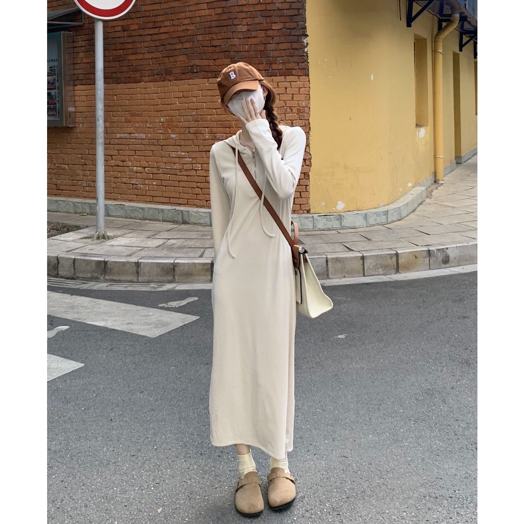 Red Gaun sweter berkerudung kecil wanita awal musim semi kasual gaun lengan panjang longgar temperamen rok ramping trendi