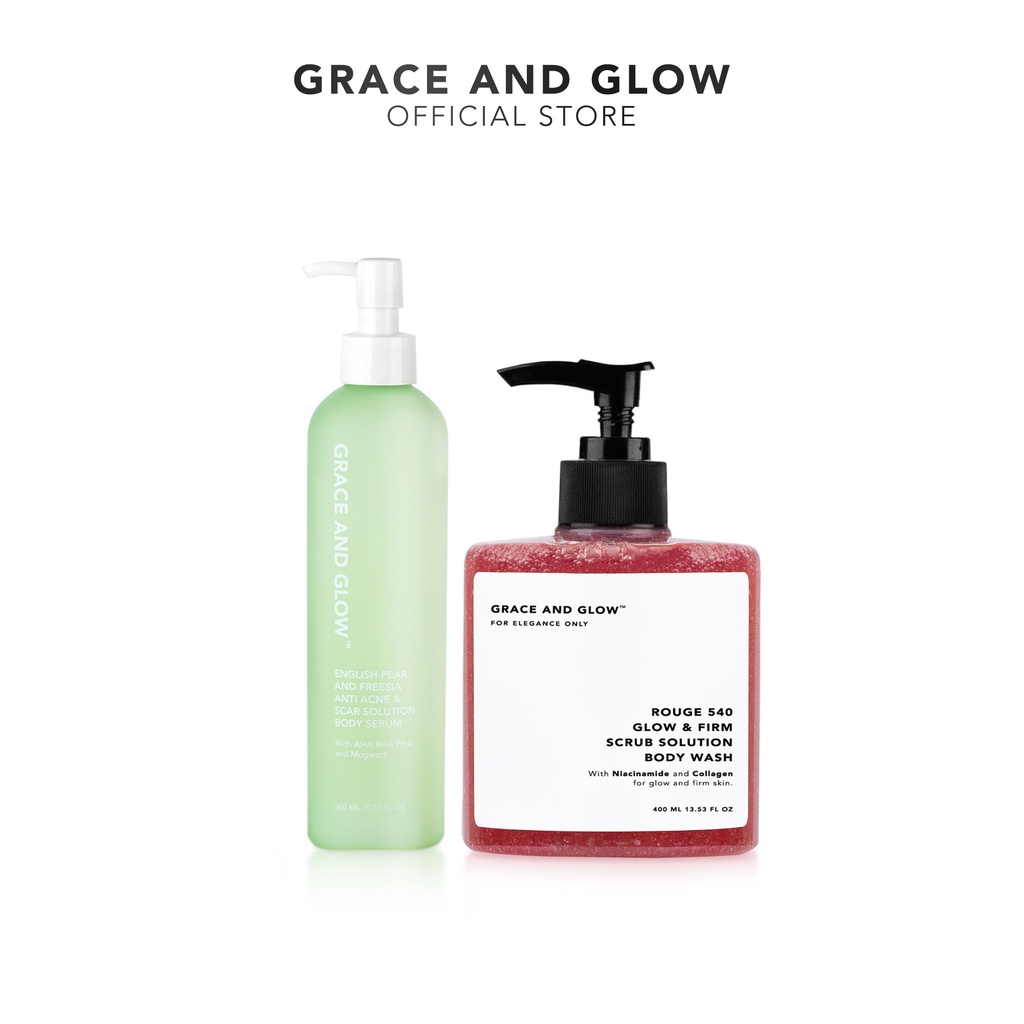 Grace and Glow Rouge 540 Glow &amp; Firm Scrub Solution Body Wash + English Pear and Freesia Anti Acne &amp; Scar Body Serum