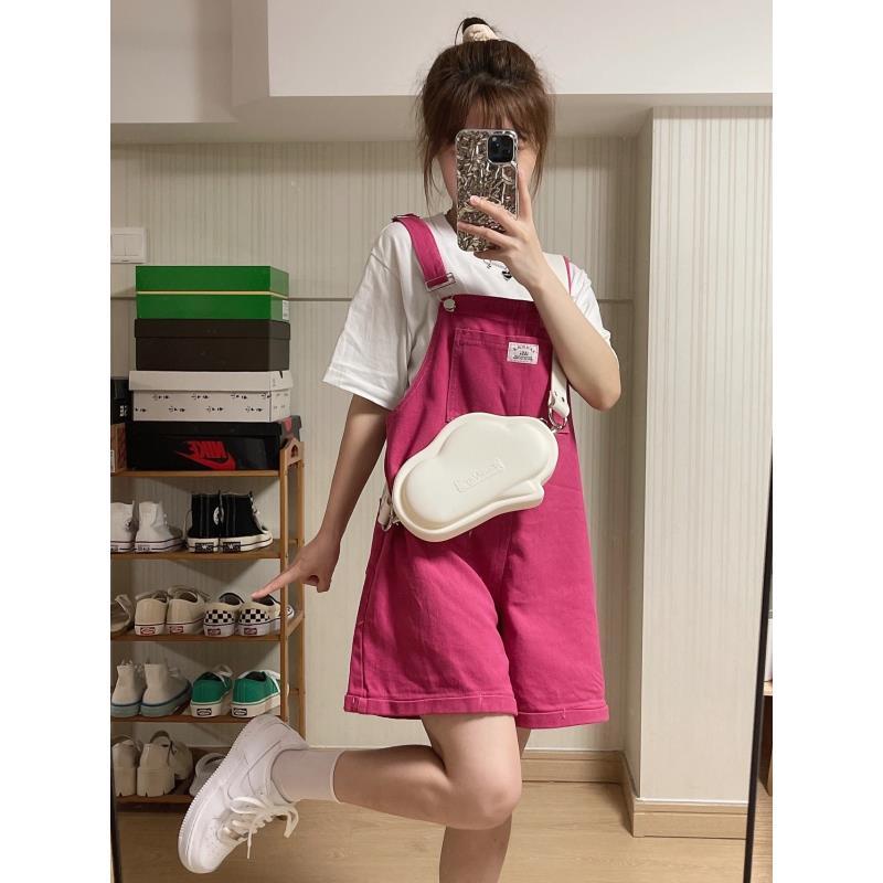 Red Keren garam warna raspberry bib celana pendek wanita musim panas lucu Jepang kecil longgar bersih merah semua pertandingan slim jumpsuit