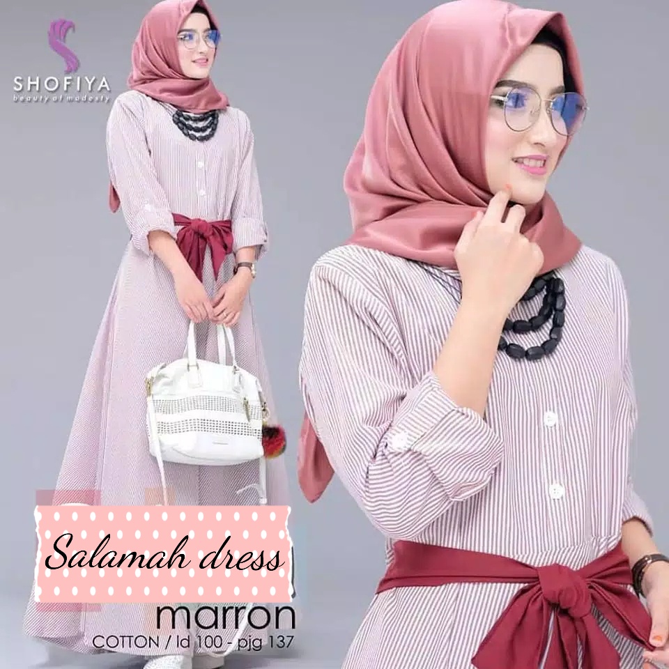 Salamah - Bisa COD Baju Dress Gamis Busui Kancing Depan Motif Garis Tangan Lengan Panjang Tali Pita 