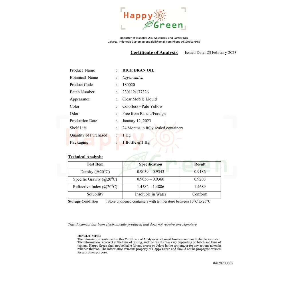 Bersertifikat Happy Green Rice Bran Oil - Minyak Bekatul Dedak Cosmetic Grade