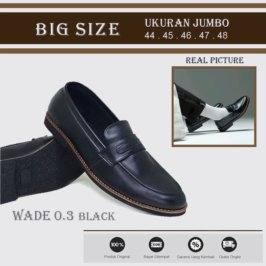 WADE BLACK BIG SIZE | Sepatu Loafers Pria Kulit Asli Full Black Moccasin Casual Formal Ukuran Besar Gedde Jumbo 44-48