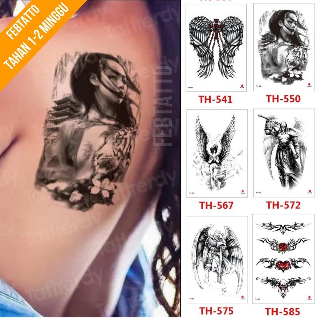 Tato Temporer Ukuran 21cmx15cm Motif Aesthetic Tatto Temporary Stiker Tato Halal Grosir Tato air motif  bunga tribal, ksatria, sayap, ghesia TH 550