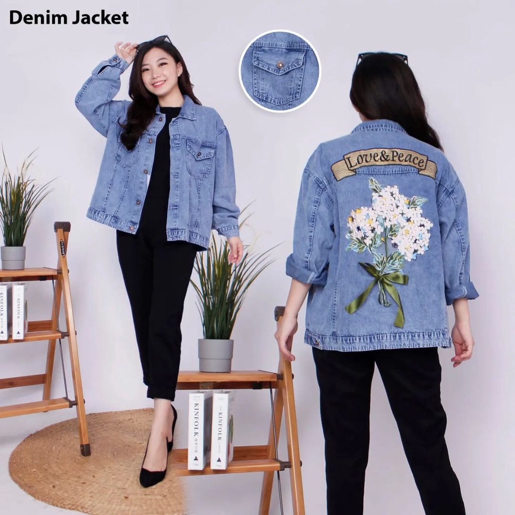 Jaket Jeans Bordir Flower Wanita Jaket Wanita Motif Bunga Di Belakang Jaket Jeans Cewek Jumbo Terbar