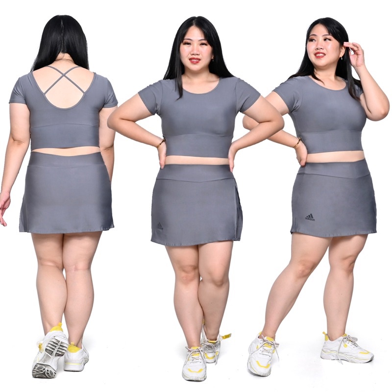 2 Pcs Setelan Baju Senam JUMBO Aerobik Zumba Gym Fitness Wanita | Set JUMBO Senam Model Crop Lengan 