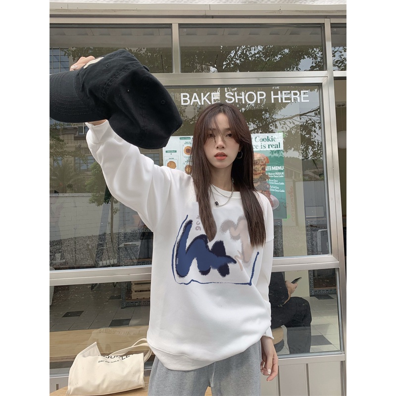 XIAOZHAINV Korean Style Style Crayon Doodle Pattern Lengan Panjang Baju Sweater Wanita