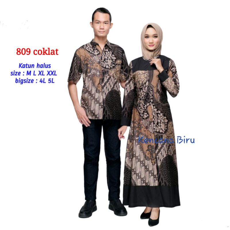 809 Coklat couple batik modern kemeja pria gamis Muslim wanita jumbo -