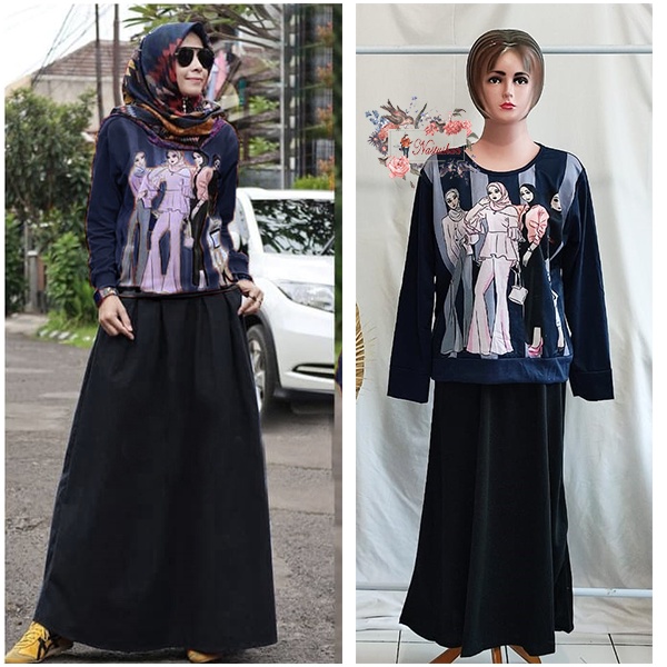 Setelan Rok Kaos Panjang Wanita Bahan Babyterry One Set Wanita Kaos Motif Sablon Rok Pinggang Karet Ada Kantong Kanan Kiri Baju Stelan Cewek Muslim Sehari-Hari