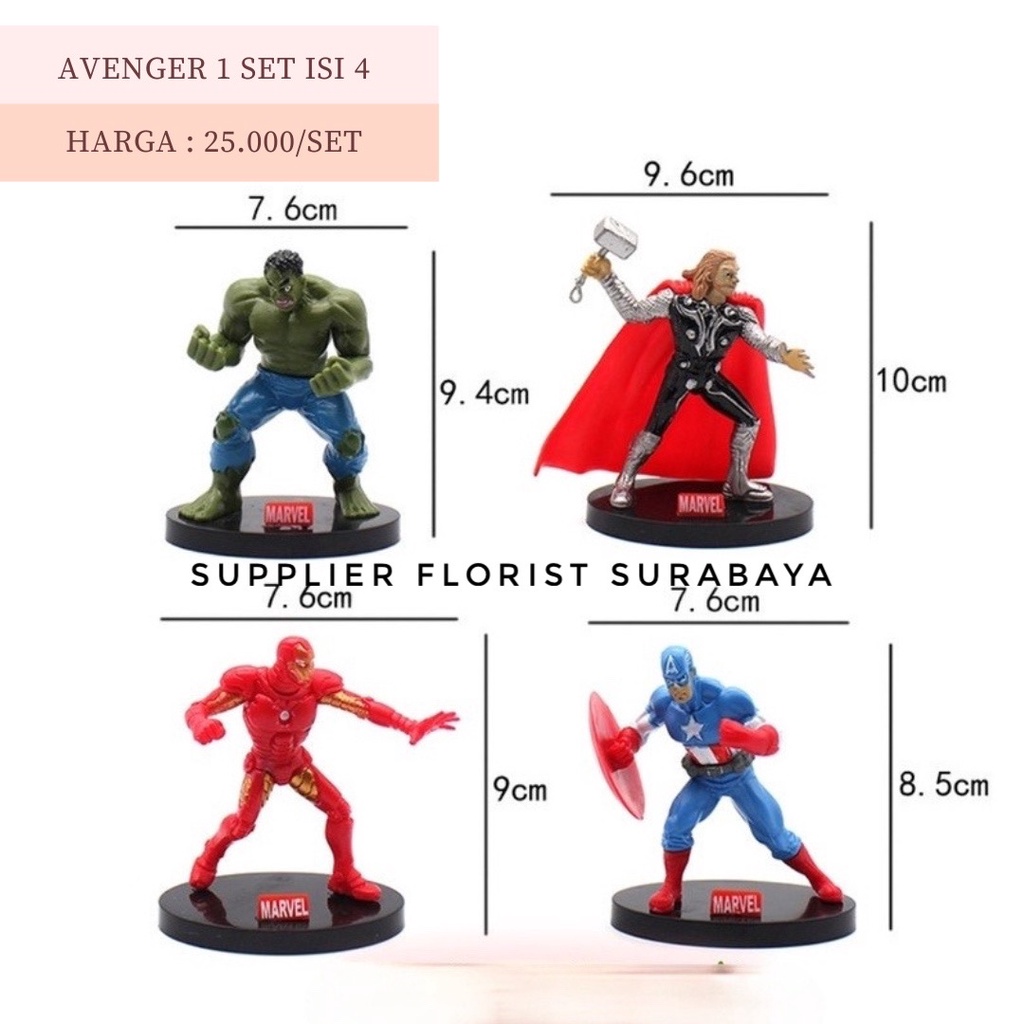 [1 SET ISI 4] MINIATUR KUE TART AVENGER THOR HULK IRON MAN CAPTAIN AMERICA KAPTEN AMERIKA HULUK HIASAN KUE ULANG TAHUN ANAK LAKI LAKI PEREMPUAN CAKE TOPPER BAKERY DIY FIGUR FILM