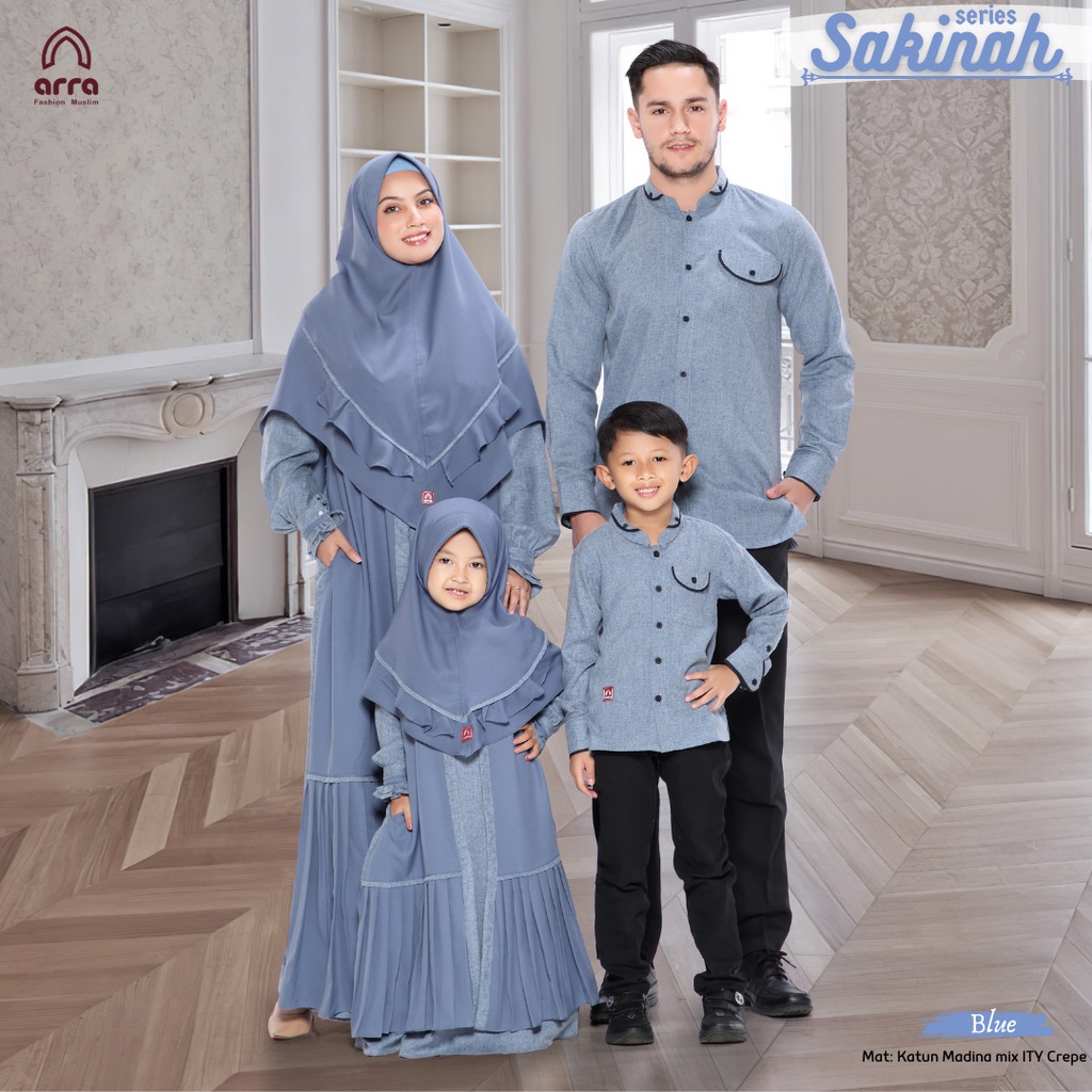 Baju muslim Keluarga Couple lebaran 2023 Sarimbit Sakinah bahan katun madina yang lembut mix ITY crepe high quality Warna Biru