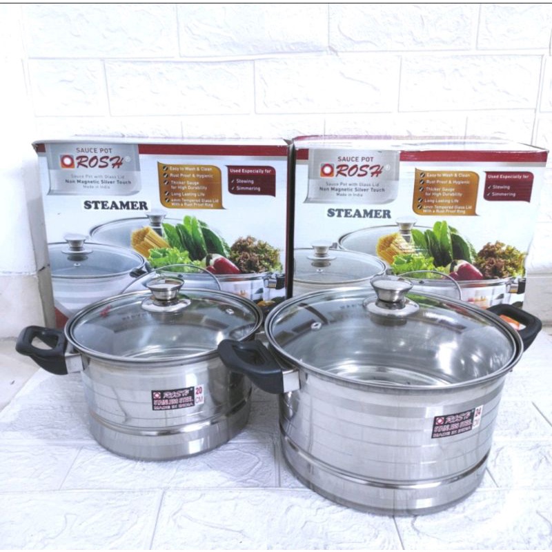 panci ROSH sauce pot steamer 28cm ORIGINAL / panci kukus kukusan stainless 28cm / saucepot rosh / panci soup rosh stainless tutup kaca 20cm 22cm 24cm 26cm 28cm