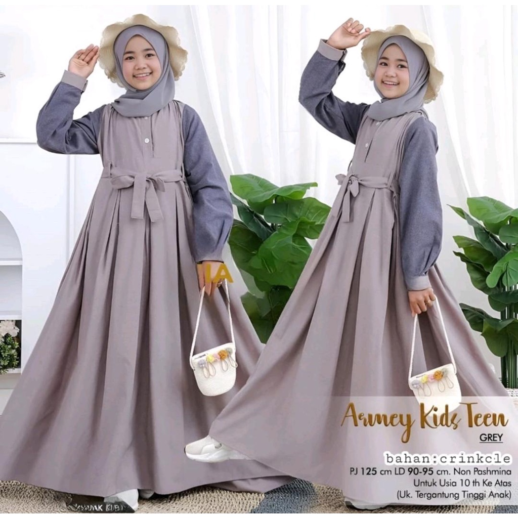 Baju muslim anak perempuan Armey Dress kids Bahan crinkle airflow morif polos Ukuran L - XL ld 90 - 95 cm pb 125 cm Baju gamis anak model terbaru 2023 Dress anak perempuan import korean style