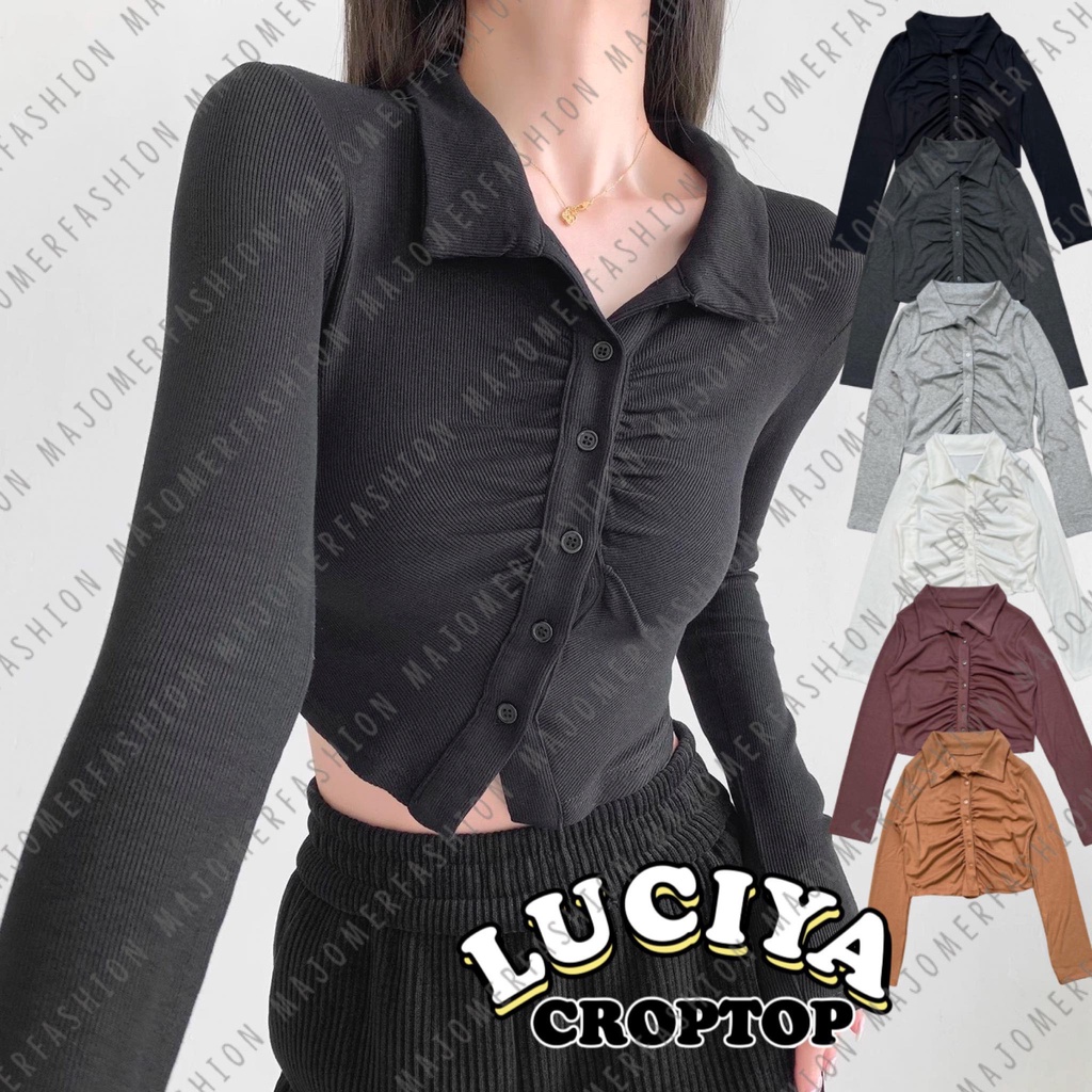 MAJOMER | LUCIYA CROP TOP SERUT LENGAN PANJANG - KEMEJA KERUT RIB