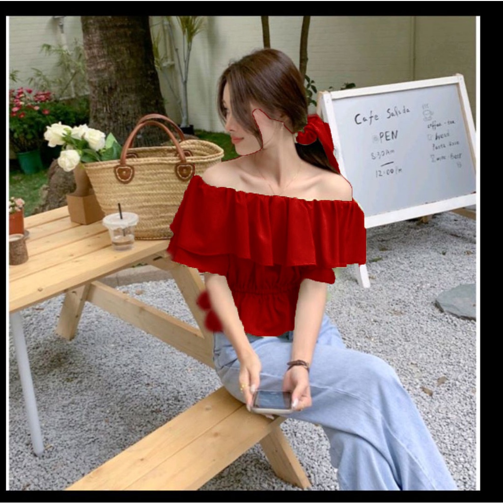 Atasan Sabrina Wanita Off Shoulder Lengan Pendek Bahan Adem Free Bando 934