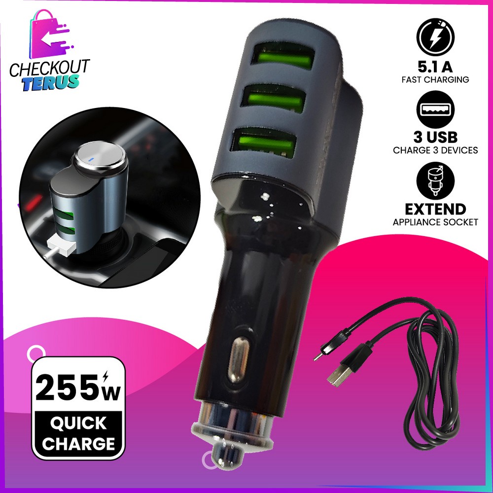 CT C821 Car Charger 3 USB Ports Universal Fast Charging Socket Adaptor Triple  Colokan Phone Mobil Portable