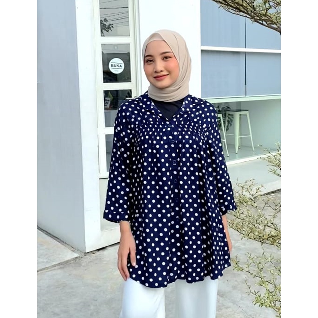 NHM Kemeja Wanita Rayon Oversize, Baju Atasan Jumbo Motif Polka