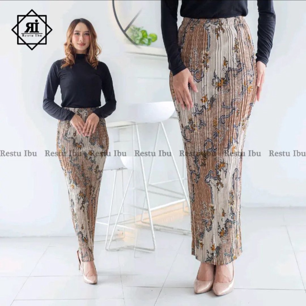 Rok Plisket Instan Motif Batik Cerry Cream Maroom Silver Dan Gold Bawahan Seragam Kebaya Wisuda Kondangan Bahan Premium