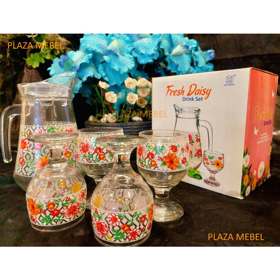 Drink Set Platinum ( 1 Pithcer Teko + 4 Tumblers Gelas Kaca Premium) READY MAKASSAR PROMO MURAH