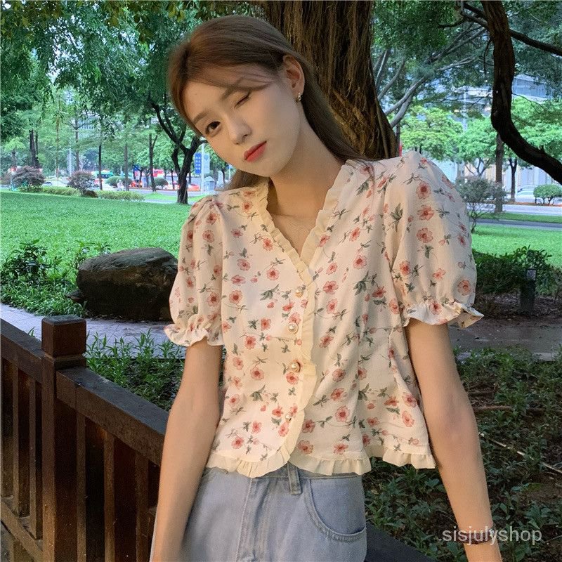 Floral Short Top Chic Shirt Summer Loose N-Neck Lengan Pendek Kemeja Tipis Wanita