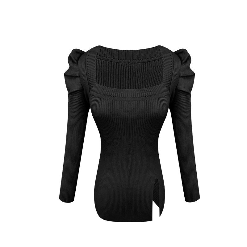 Red Puff lengan kerah persegi rajutan gaun wanita musim gugur pinggang lengan panjang bottoming rok Perancis gaya keinginan murni celah rok pasang