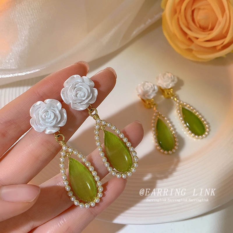 Musim Panas Anting Hijau Baru Mutiara Bunga Stud Earrings Fashion Wanita Earrings