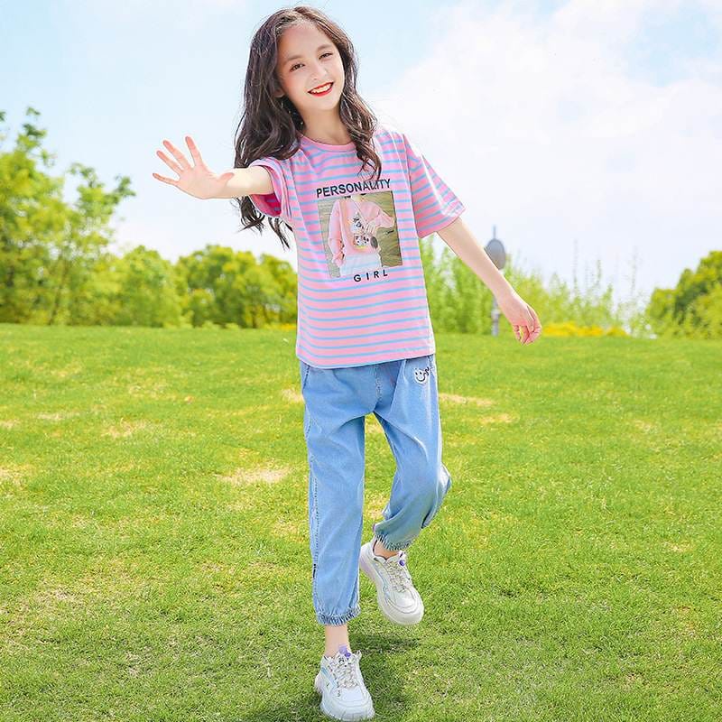 Setelan Anak Perempuan Teenager Casual Stripe Personal Girly