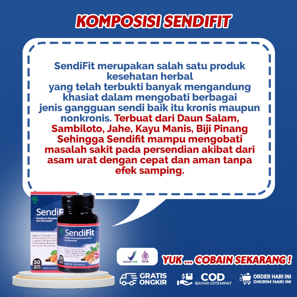 Acep Herbal - SendiFit Obat Nyeri Sendi Asam Urat Rematik Saraf Kejepit Sakit Pinggang Encok Kesemutan Tremor Sakit Tumit - 100% Herbal Alami Komposisi Lebih Lengkap - BPOM Halal - 50 Kapsul ORIGINAL