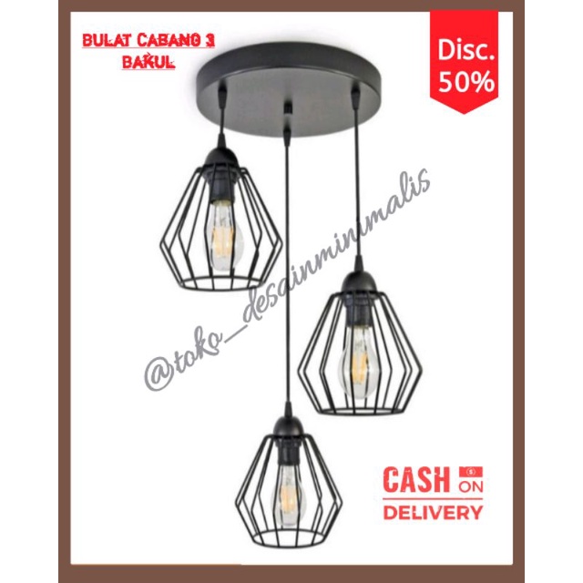 kap lampu hias gantung minimalis cabang tiga base bulat / kap lampu gantung / kap lampu hias model b
