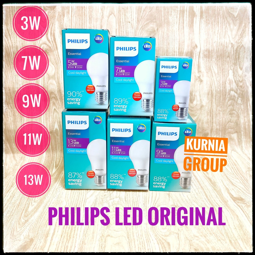 Lampu LED Philips Essential 3W 5W 7W 9W 11W 13W Bulb Cool Day Light 6500K Sinar Cahaya Putih Bohlam Philip Esensial Ekonomis Terang Berkualitas Tinggi Hemat Listrik