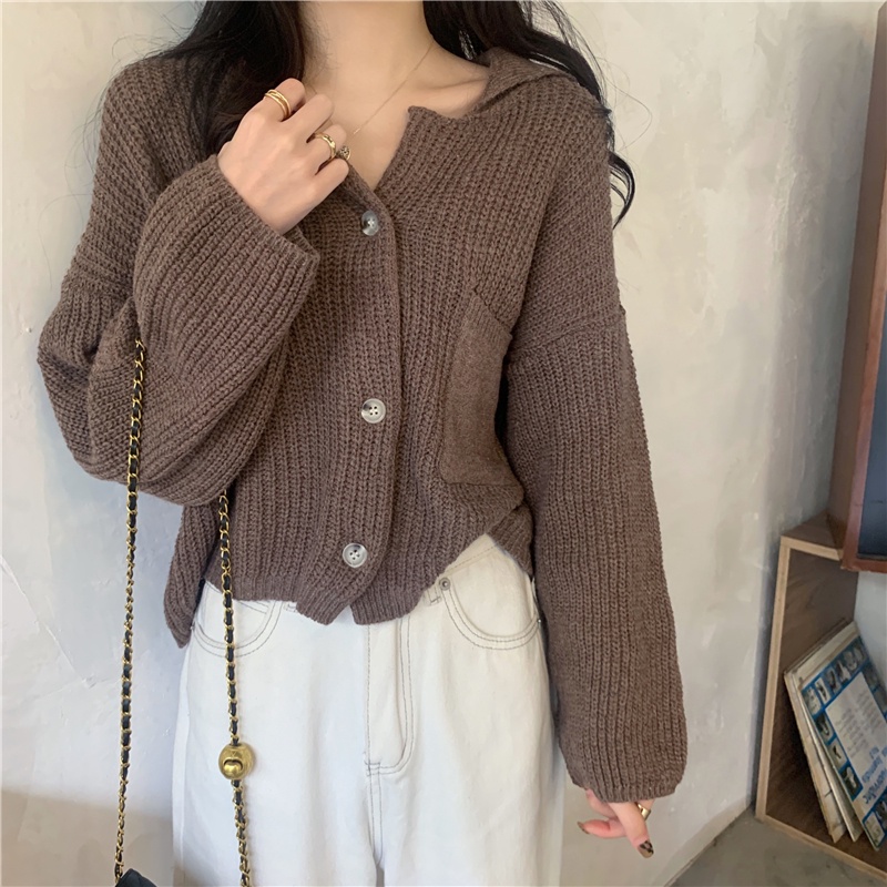 [3 Warna]EUNII Korea Style Cardigan Rajut Atasan Lengan Panjang Crop Top Atasan