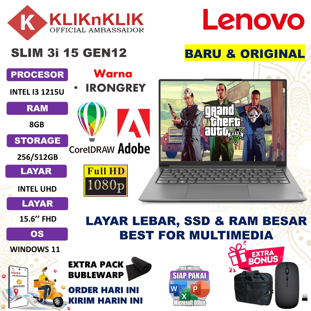 Laptop Lenovo Ideapad Slim 3I 15 Intel Core i3 1215U 16GB 1TB  SSD 15.6&quot; FHD Windows 11 Home Grey Terlaris