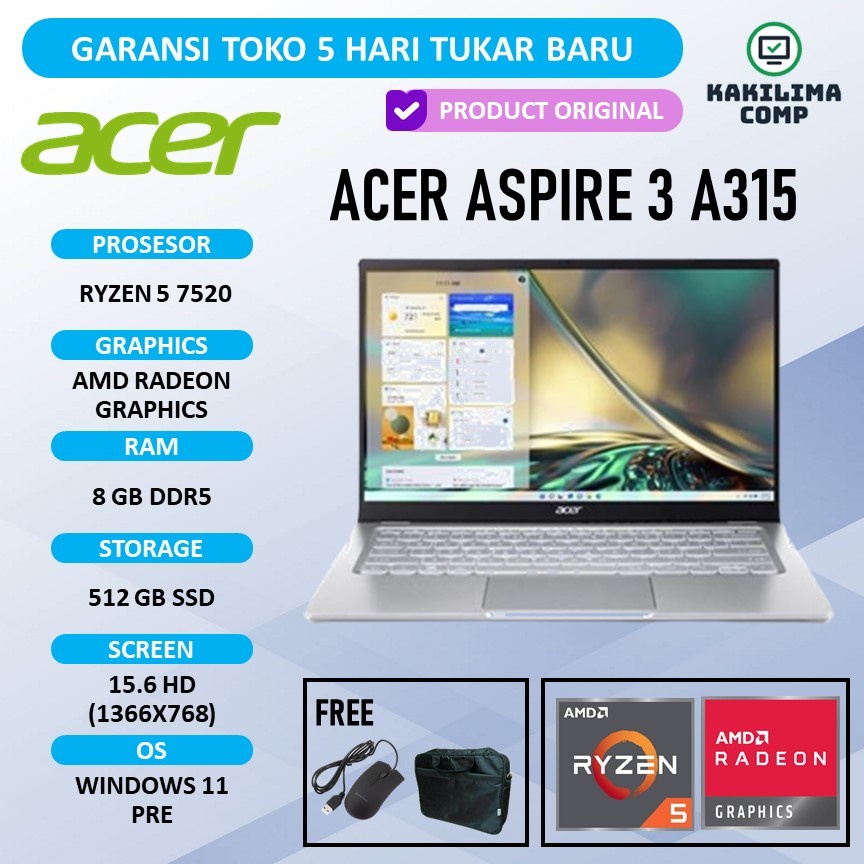 Laptop Acer Aspire 3 A315 Ryzen 5 7520 Ram 8GB SSD 512GB Windows 11 Pree