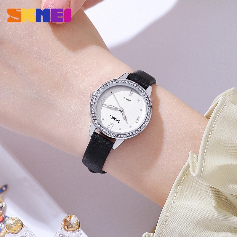 SKMEI 2027 Jam Tangan Wanita Analog Tali Kulit Diamond Case WATCHKITE WKOS