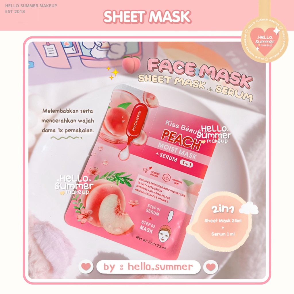 KISS BEAUTY-Collagen Peach Aloevera Sheet Mask Masker Wajah + Serum Bright &amp; Glow Instant Kiss Beauty