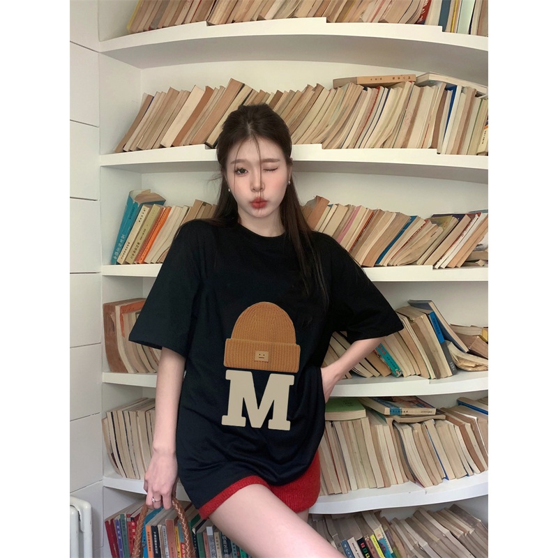 EUNII T-shirt Lengan Pendek Cartoon Hat Korean Style/Kaos Atasan Wanita/Baju Kaus Oversize Wanita/Kaos Wanita