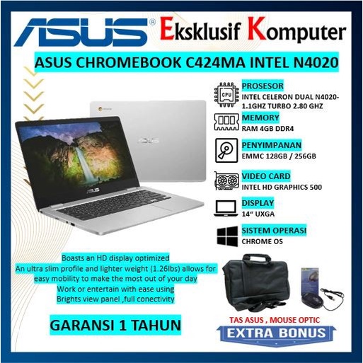 ASUS CHROMEBOOK C424MA INTEL N4020 RAM 4GB EMMC 256GB 14"UXGA SILVER