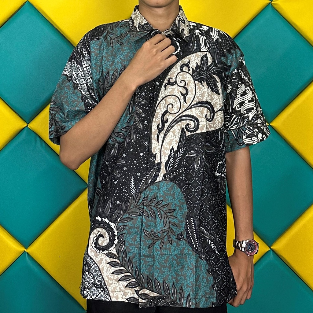 Batik Pria Lengan Pendek Premium BATIK AZMIL HRB026 motif KERATONAN Kode 002 size M L XL XXL