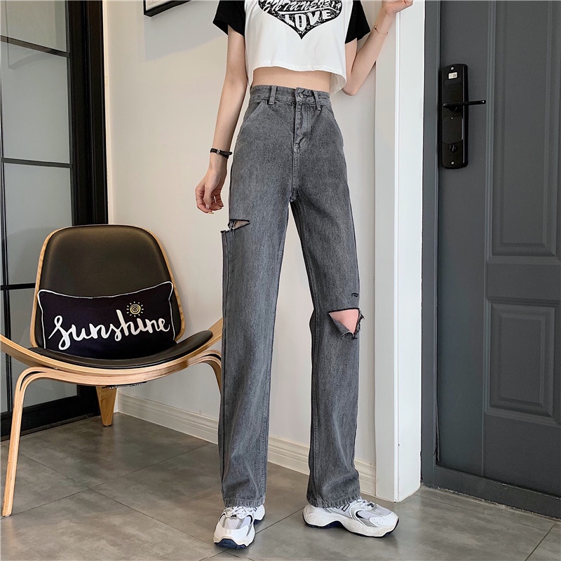 Abu abu Highwaist Robek Straight Celana Panjang Jeans Wanita